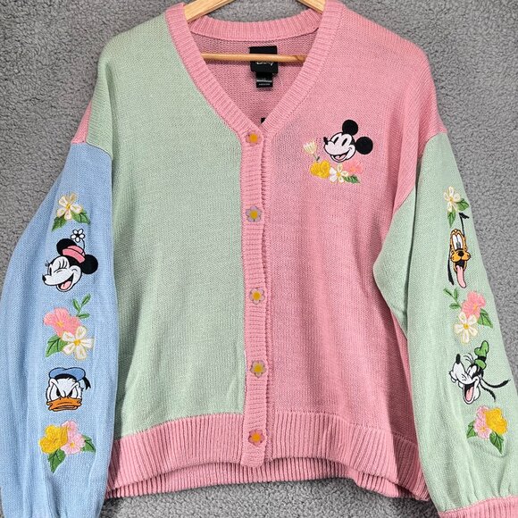 NWT Disney Mickey Mouse Pink Pastel Colorblock Button Cardigan Hot Topic Large - Picture 1 of 14